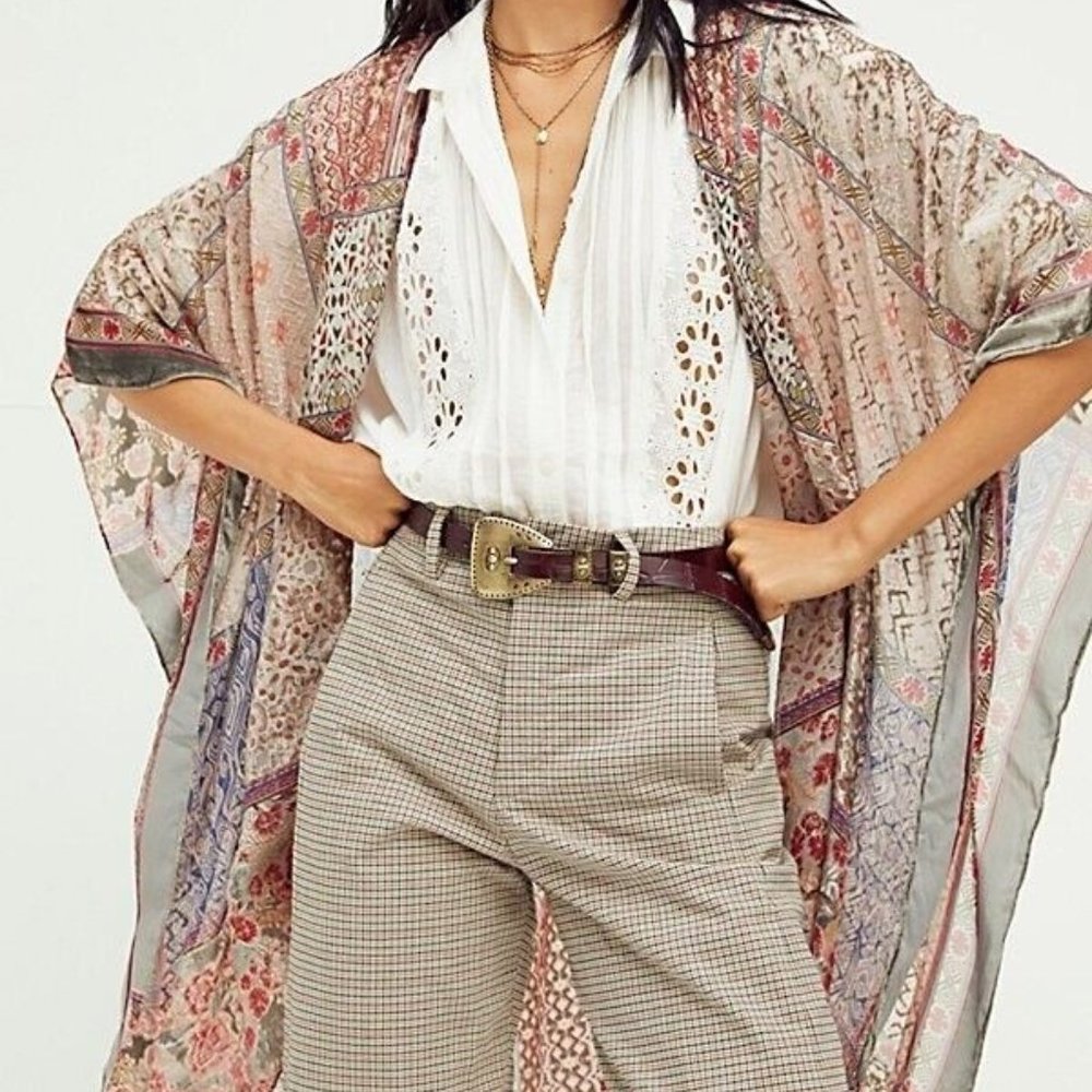 NWT Free People Beguiled Patchwork Burnout Velvet Kimono - Silver